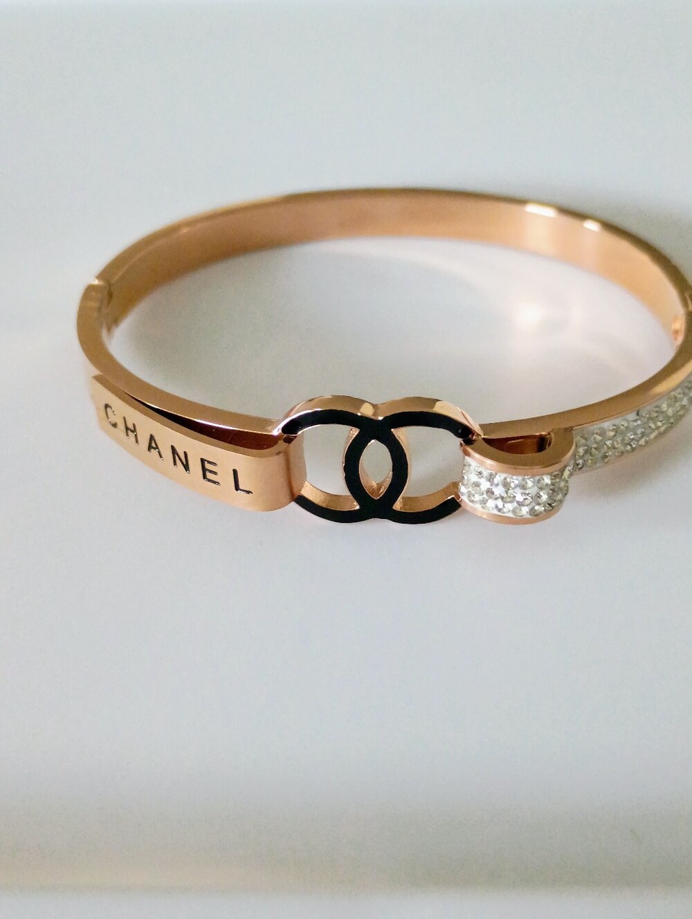 New Rose Gold Tone Crystal Logo Bangle Bracelet - Black Accents - Picture 2 of 8